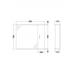 White 850mm Mirror & Cabinet With 2 Lights - Technical Drawing