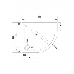 Offset Quadrant Shower Tray Right Handed 900mm x 760mm - Technical Drawing