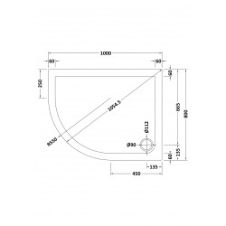 Offset Quadrant Shower Tray Left Handed 1000mm x 800mm - Technical Drawing