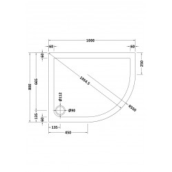 Offset Quadrant Shower Tray Right Handed 1000mm x 800mm - Technical Drawing
