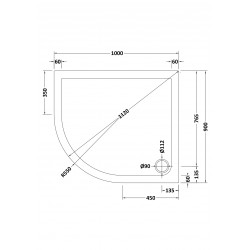 Offset Quadrant Shower Tray Left Handed 1000mm x 900mm - Technical Drawing