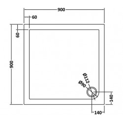 Slate Grey Square Shower Tray 900mm x 900mm - Technical Drawing