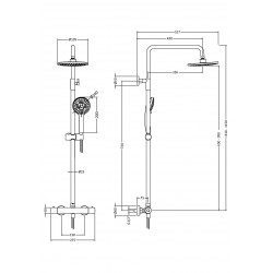 Round Thermostatic Bar Valve With Telescopic Kit And Pencil Handset - Technical Drawing