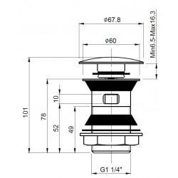Stainless Steel Push Button Basin Waste Slotted - Technical Drawing