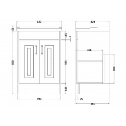York Stone Grey 600mm Two Door Cabinet & 1 Tap Hole Basin - Technical Drawing