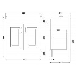 York Royal Grey 800mm Two Door Wall Mounted Cabinet & 1 Tap Hole Basin - Technical Drawing