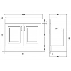 York Royal Grey 1000mm Two Door Unit & 1 Tap Hole Basin - Technical Drawing