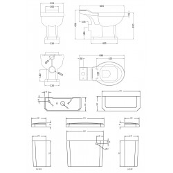 Carlton Close Coupled Toilet Pan with Cistern and Standard Toilet Seat - Technical Drawing