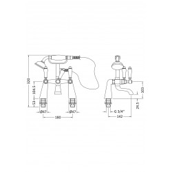 Bloomsbury Bath Shower Mixer Tap Pillar Mounted - Technical Drawing