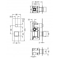 Square Push Button Valve - One Outlet - Technical Drawing
