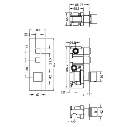 Square Push Button Valve - Two Outlet - Technical Drawing