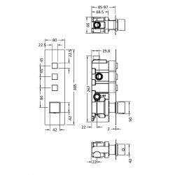 Square Push Button Valve - Three Outlet - Technical Drawing