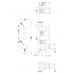 Round Push Button Valve - Three Outlet - Technical Drawing
