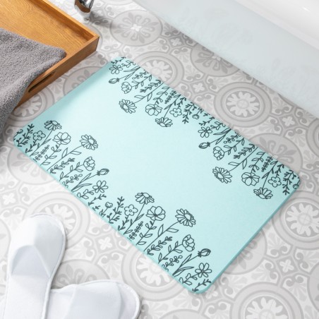 Flower Border Aqua Blue Stone Non Slip Bath Mat