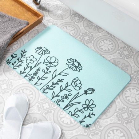 Flower Lines Aqua Blue Stone Non Slip Bath Mat