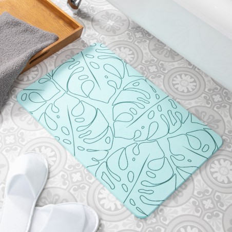 Monstera Lines Aqua Blue Stone Non Slip Bath Mat