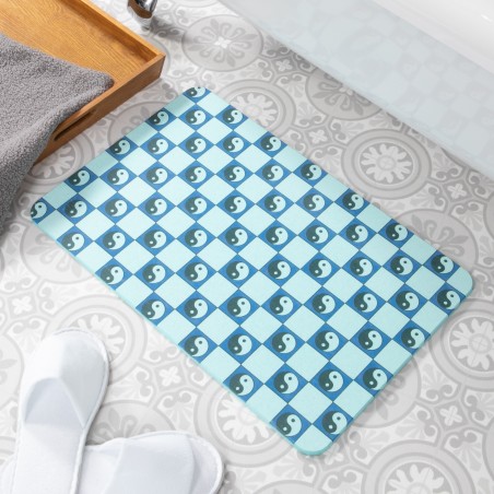 Ying Yang Check Aqua Blue Stone Non Slip Bath Mat