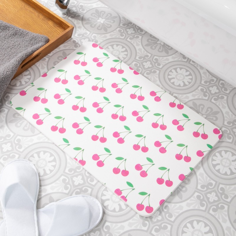 Pink Cherries White Stone Non Slip Bath Mat Pink Cherries White Stone Non Slip Bath Mat
