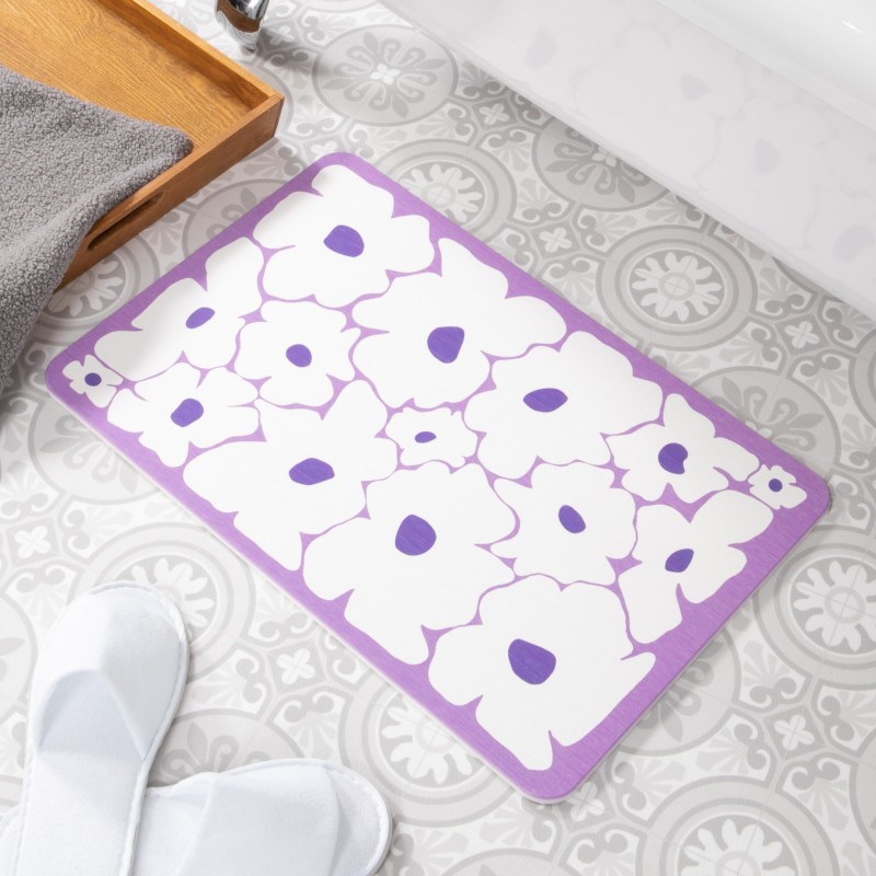 Purple Flower Pattern White Stone Non Slip Bath Mat Purple Flower Pattern White Stone Non Slip Bath Mat