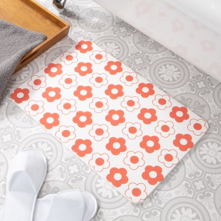 Red Flower Pattern White Stone Non Slip Bath Mat