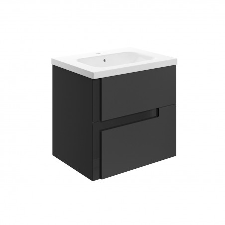 Hiroshi 615mm (W) x 610mm (H) x 760mm (D) Wall Hung 2 Drawer Basin Unit & White Basin - Matt Black & Glass