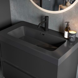 Hiroshi 615mm (W) x 610mm (H) x 760mm (D) Wall Hung 2 Drawer Basin Unit & White Basin - Matt Black & Glass