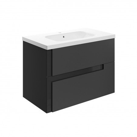 Hiroshi 815mm (W) x 610mm (H) x 760mm (D) Wall Hung 2 Drawer Basin Unit & White Basin - Matt Black & Glass