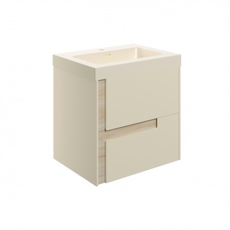Hiroshi 605mm (W) x 610mm (H) x 760mm (D) Wall Hung 2 Drawer Basin Unit & Co-ordinating Basin - Matt Cotton & Oak Effect