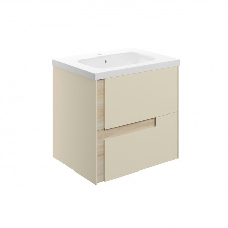 Hiroshi 615mm (W) x 610mm (H) x 760mm (D) Wall Hung 2 Drawer Basin Unit & White Basin - Matt Cotton & Oak Effect