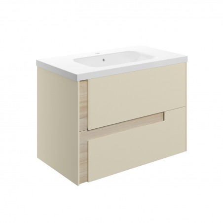 Hiroshi 815mm (W) x 610mm (H) x 760mm (D) Wall Hung 2 Drawer Basin Unit & White Basin - Matt Cotton & Oak Effect