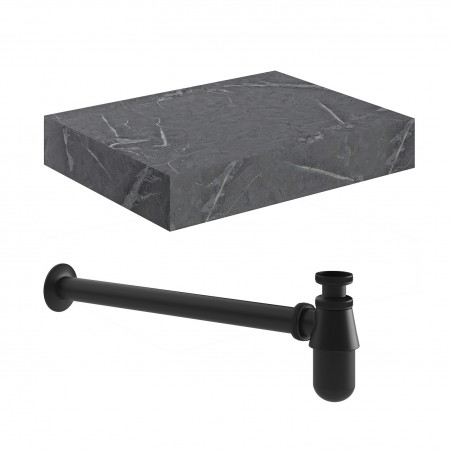 Kenzo 600mm (W) x 100mm (H) x 460mm (D) Wall Hung Grey Marble Basin Shelf & Black Bottle Trap