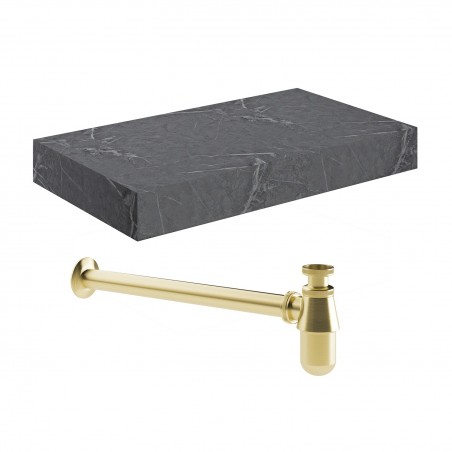 Kenzo 800mm (W) x 100mm (H) x 460mm (D) Wall Hung Grey Marble Basin Shelf & Brushed Brass Bottle Trap