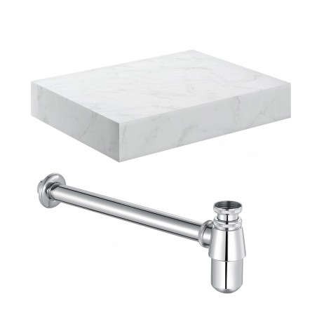 Kenzo 600mm (W) x 100mm (H) x 460mm (D) Wall Hung White Marble Basin Shelf & Chrome Bottle Trap