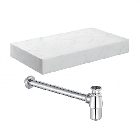 Kenzo 800mm (W) x 100mm (H) x 460mm (D) Wall Hung White Marble Basin Shelf & Chrome Bottle Trap