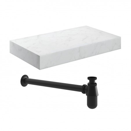 Kenzo 800mm (W) x 100mm (H) x 460mm (D) Wall Hung White Marble Basin Shelf & Black Bottle Trap