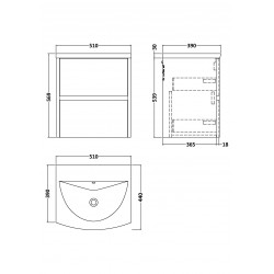 Havana 500mm Wall Hung 2 Drawer Vanity Unit with Curved Ceramic Basin - White Ash Woodgrain - Technical Drawing