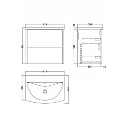 Havana 600mm Wall Hung 2 Drawer Vanity Unit with Curved Ceramic Basin - White Ash Woodgrain - Technical Drawing