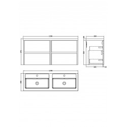 Havana 1200mm Wall Hung 4 Drawer Vanity Unit with Double Polymarble Basin - White Ash Woodgrain - Technical Drawing