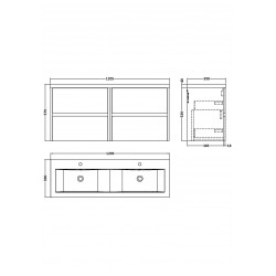 Havana 1200mmWall Hung 4 Drawer Vanity Unit with Double Ceramic Basin - White Ash Woodgrain - Technical Drawing