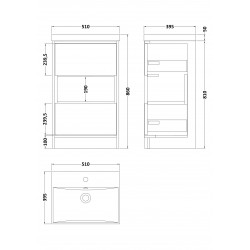 500mm Floor Standing 2-Drawer Vanity Unit & Basin 3 - Technical Drawing