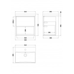 500mm Wall Hung Single Drawer Vanity Unit & Basin 3 - Technical Drawing