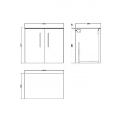 600mm Wall Hung 2 Door Vanity & Worktop - Technical Drawing