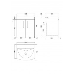 500mm Wall Hung Cabinet With Basin 4 - Technical Drawing