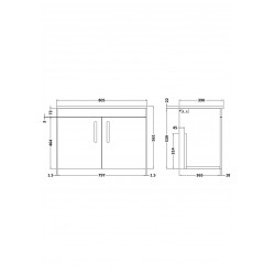 800mm Wall Hung Cabinet With Sparkling Black Worktop - Technical Drawing