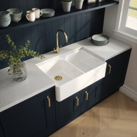 Fireclay Butler Sink 2 Bowl with Flush Weir 795 x 500 x 220mm