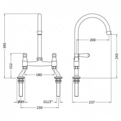 Traditional 2 Tap Hole Bridge Mixer Tap with Lever Handles - Brushed Nickel - Technical Drawing