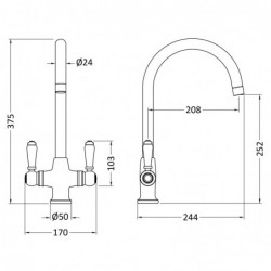 Traditional Mono Lever Handle Cruciform Sink Mixer Tap - Brushed Brass - Technical Drawing
