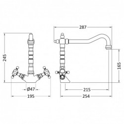 French Classic Mono Sink Mixer Tap - Brushed Brass - Technical Drawing