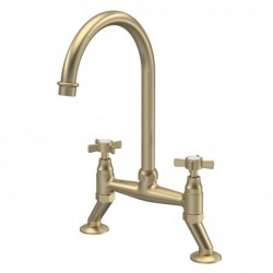 Traditional 2 Tap Hole Bridge Mixer Tap with Crosshead Handles - Brushed Brass