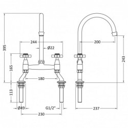 Traditional 2 Tap Hole Bridge Mixer Tap with Crosshead Handles - Brushed Brass - Technical Drawing